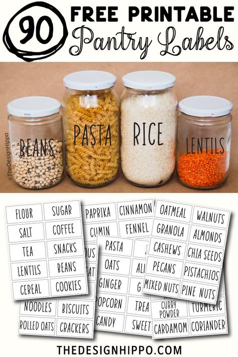 Free Printable Pantry Labels For DIY Kitchen Organization. Easily print these labels at home to organize and add charm to your pantry. Labels for food storage jars include flour, pasta, sugar, salt, spices, nuts, baking, beans, lentils. #freeprintable #kitchenprintable #pantrylabels #diykitchen #kitchenorganization #printablelabels #decor via @thedesignhippo Jar Label Design Free Printable, Pantry Labels Printable, Free Pantry Labels, Making Labels, Quotes Kitchen, Diy Kitchen Organization, Kitchen Printables, Spice Jar Labels, Kitchen Labels