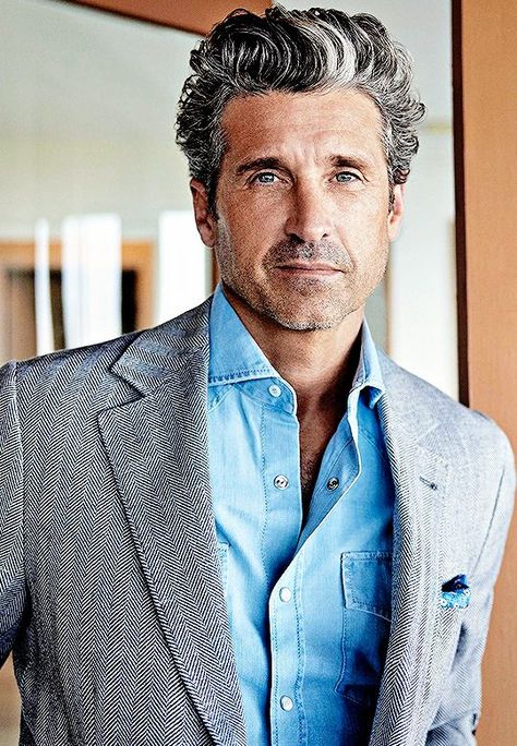 Patrick Dempsey Style, Patrick Dempsey Hair, Patrick Demsey, Men's Curly Hairstyles, Salt And Pepper Hair, Western Denim Shirt, Patrick Dempsey, Dad Fashion, September 2022