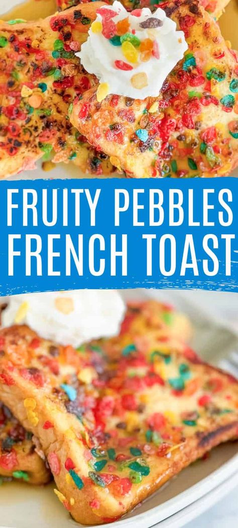 Crunchy, sweet, and bursting with color! Our baked Fruity Pebbles French Toast is a fun meal that combines two breakfast favorites: Fruity Pebbles cereal and classic French Toast. You can have this delicious dish on the table in less than 30 minutes! Fruity Pebbles French Toast, Breakfast Favorites, Fruity Pebbles Cereal, Pebbles Cereal, Easy Breakfast Brunch, Slow Cooker Creamy Chicken, Buttermilk Pancakes Fluffy, Classic French Toast, High Protein Smoothies