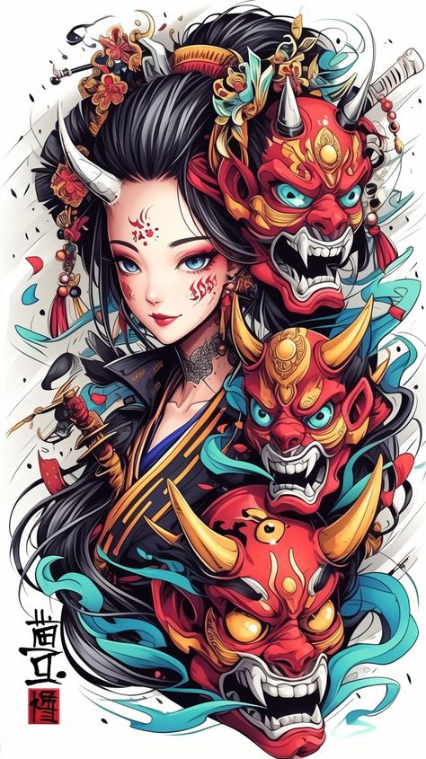 Japanese Tattoo Designs For Women, Geisha Hannya Tattoo, Hanya Mask Tattoo Design, Tattoo Oni, Anime Character Design References, Tato Geisha, Female Samurai Art, Geisha Tattoo Design, Female Samurai