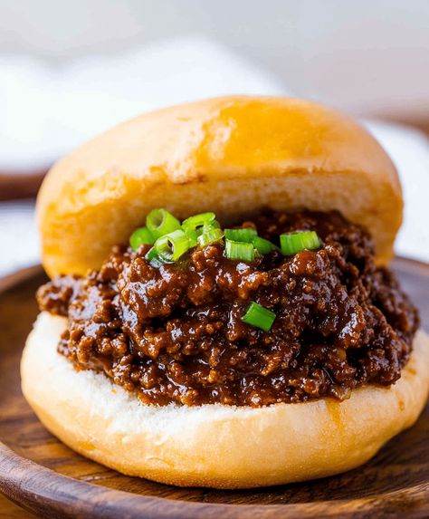 Korean Beef Sloppy Joes Recipe Beef Sloppy Joes, Korean Style Beef, Brioche Rolls, Sloppy Joes Recipe, Korean Beef, Korean Bbq, Spicy Sauce, Hoisin Sauce, Oyster Sauce