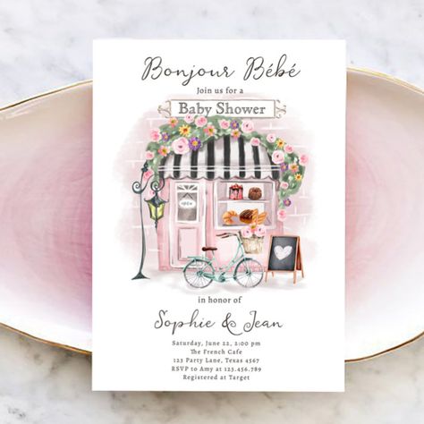 Bonjour Bebe Paris Parisian French Baby Shower Inv Invitation - Baby Shower Invitations French Market Baby Shower Theme, Paris Tea Party, Cafe French, Patisserie Paris, Watercolor Paris, French Baby Shower, Cafe Theme, Paris Tea, Bebe Shower