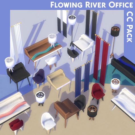 Mod The Sims - Flowing River Office CC Pack Sims 4 City Living, Custom Content Sims 4, Mod Hair, Cc Mods, Flowing River, Chic Desk, Sims 4 Expansions, Mini Desk, Sims 4 Maxis Match