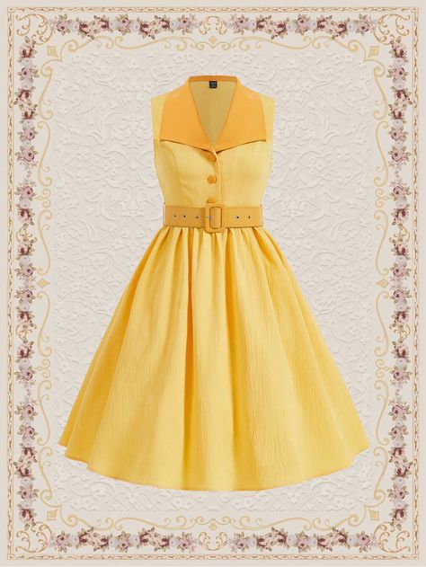 Vintage Holiday Style Dress With Large Lapel And Umbrella Dress For Spring/Summer Spring Outfits Yellow Dress Summer Clothes Long Dress Yellow Women Dresses Yellow Elegant  Sleeveless Woven Fabric Plain Shirt Non-Stretch  Women Clothing, size features are:Bust: ,Length: ,Sleeve Length: 1950s Yellow Dress, Yellow Pictures, Summer Spring Outfits, Umbrella Dress, Dresses Yellow, Umbrella Skirt, Spring Skirts, Plain Shirt, Vestidos Vintage