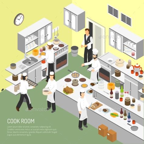 Restaurant Cooking Room Isometric Poster Restaurant Kitchen Design, Kitchen Clipart, Baking Dishes, Poster Abstract, Restaurant Kitchen, Icon Set Vector, School Architecture, Kitchen Interior, Abstract Backgrounds