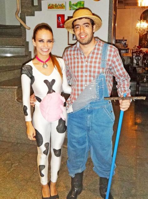 the cow and the farmer. NOT scary at all, funny though.                                                                                                                                                                                 More Farmer Girl Costume, Toddler Cow Costume, Farmer Halloween Costume, Maternity Halloween Costumes, Maternity Costumes, Diy Cow Costume, Maternity Halloween Costume, Farmer Halloween, Housewife Costume