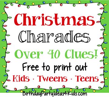 Christmas Charades Party Game - with over 50 fun and unique clues to print out FREE!   Great Christmas game for family, classroom, holiday and birthday parties!  Perfect for kids, tweens, teens and adult parties.  #Christmas #charades #game #free #clues #printable #kids Birthday Classroom, Christmas Charades Game, Charades For Kids, Christmas Charades, Charades Game, Xmas Games, Fun Christmas Party Games, Christmas Trivia, Christmas Games For Family