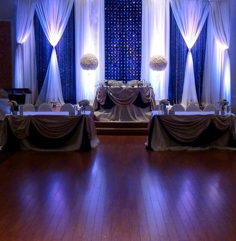 Elegant royal blue wedding backdrops by Mega City Group #Wedding #Decor #Backdrops Royal Blue And Silver Wedding, Royal Blue Backdrop, Blue And Silver Wedding, Royal Blue Wedding Theme, Blue Wedding Decorations, Mega City, Head Tables, Wedding Backdrop Design, Blue Backdrop