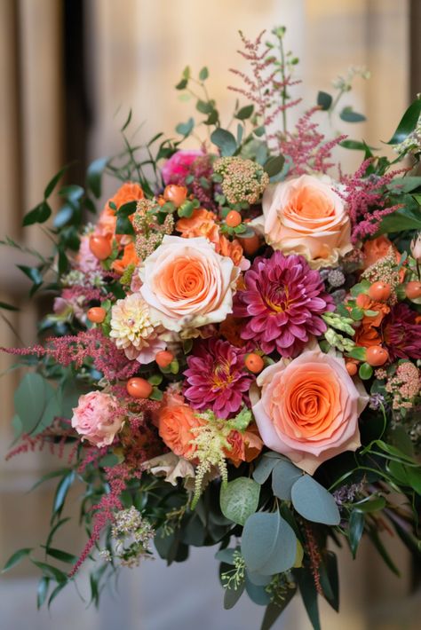 50  Orange and Pink Wedding Bouquets That Pop with Personality | Matched Hearts Dahlia Bridal Bouquet, Orange And Pink Wedding, Burgundy Dahlia, Pink Gerbera, Coral Roses, Wedding Bouquets Pink, Floral Wedding Cakes, Romantic Bouquet, Cascade Bouquet