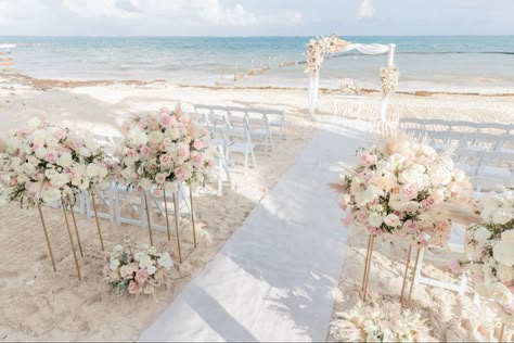 Beach Wedding Pink Color Schemes, Beach Wedding Champagne Color, Light Pink Beach Wedding, Night Beach Weddings, Beach Marriage, Beach Wedding Arbors, Wedding Table Florals, Wedding Diy Decorations, Christ Centered Wedding