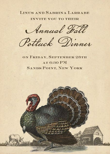 "Turkey and Farm" Invitation, by John Derian, Paperless Post Friendsgiving Feast, Farm Invitation, Halloween Wedding Invitations, Modern Classic Wedding Invitations, Thanksgiving Friendsgiving, Holiday Party Themes, 100 Day Celebration, Belated Birthday Card, Business Holiday Cards