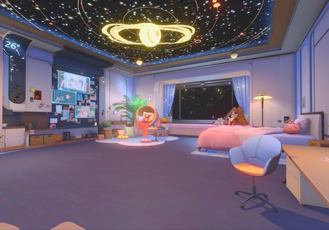 Vtuber Room Background, March 7th Aesthetic, Vtuber Bedroom, Aesthetic Settings, Vtuber Room, Star Train, Futuristic Bedroom, Gamer Room Decor, March 7th