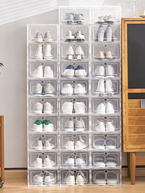 Shoe Box Organizer, Shoe Box Storage, Plastic Shoe Boxes, Shoe Rack Closet, Foldable Shoes, Clothes Storage Boxes, Container Storage, Clear Shoes, How To Store Shoes