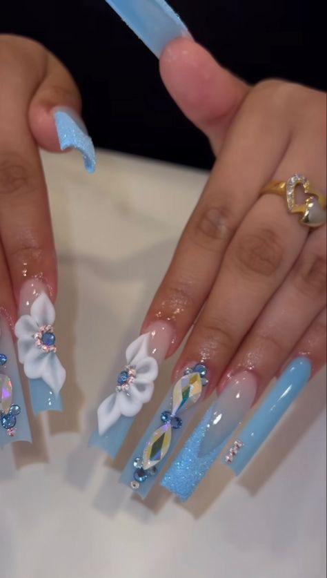 Pink And Blue Nail Designs Ideas, Ice Blue Nail Designs, Light Blue Acrylic Nails Design Quince, Light Blue Bling Acrylic Nails, Baby Blue Quince Nails, Baddie Bling Nails Blue, Blue Long Nails With Gems, Blue Baddie Nails, Light Blue Xl Nails