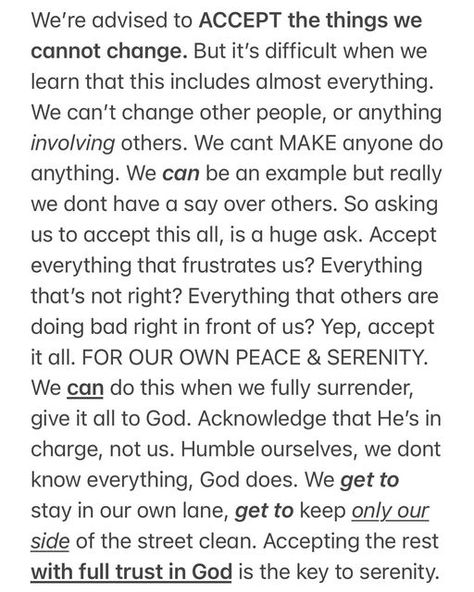 Tracy Wiebe on Instagram: "Acceptance is one of the most difficult concepts to embrace. We’ve been conditioned to think if we accept something it means we agree with it or we’re LETTING someone get away with something. Not true. Acceptance is just us humbly telling God that we know HE’S in charge & we’re not. We drop the resistance & frustration. We embrace the peace God gives us in exchange for our surrender. He’s handling it all so we dont have to. Thank You God! #acceptance #surrender #peace Acceptance Prayer, Marriage Prayers, Radical Acceptance, Just Us, Thank You God, The Resistance, The Peace, Quotes About God, Happy Life