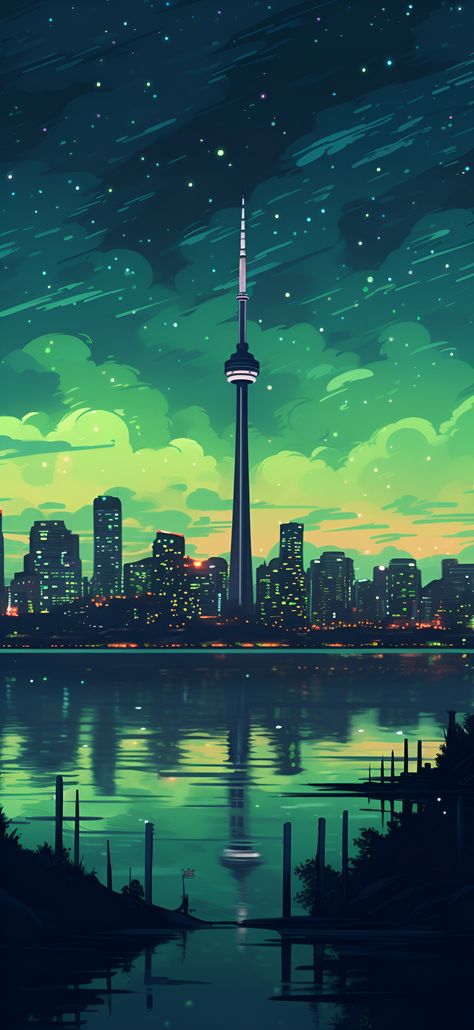 Soothing green aesthetic image of the Toronto skyline featuring the CN Tower. Turquoise Aesthetic Wallpaper Iphone, Green Aesthetic Wallpaper Iphone, Toronto Wallpaper, Turquoise Aesthetic, Green Aesthetic Wallpaper, Cityscape Wallpaper, Toronto Skyline, Turquoise Wallpaper, Anime City