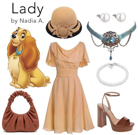 Lady and the Tramp, Disney, Cartoon, Animation, Cocker Spaniel, Pearl Bracelet, Pearl Earrings, Brown, Tan, Victorian Blue Jewel Choker, Bucket Hat, Purse Lady Disneybound, Dapper Disney, Disney Inspired Dresses, Dapper Day Outfits, Disney Bound Outfits Casual, Disney Dapper Day, Characters Outfits, Retro Clothes, Vintage Attire