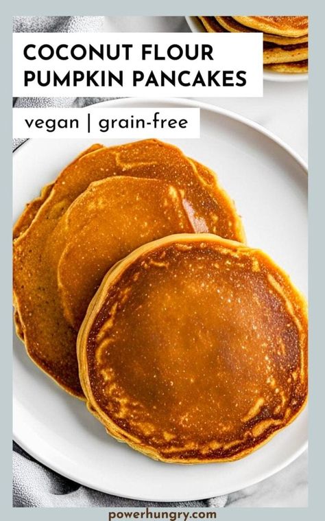 Delicious vegan coconut flour pumpkin pancakes make a perfect breakfast! They are oil-free, grain-free, gluten-free & nut-free. #pumpkin #pancakes #wfpb #wfpbno #veganpancakes #wfpbbreakfast #coconutflour #chickpeaflour #grainfree #glutenfree #oilfree #veganpumpkinpancakes #cleaneating #cleaneats #coconutflourpancakes #wfpbrecipes #wfpbnorecipes Df Meals, Butternut Squash Pancakes, Paleo Pumpkin Pancakes, Vegan Gluten Free Pancakes, Vegan Pumpkin Pancakes, Flourless Pancakes, Pumpkin Protein Pancakes, Yummy Pancake Recipe, Pumpkin Spice Pancakes