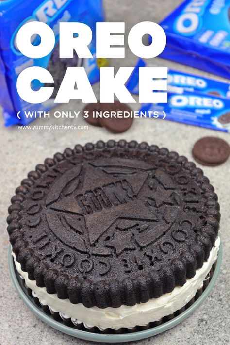 Oreo Cookie Cake -with just 3 ingredients-Yummy Kitchen Cookies N Cream Cake, National Oreo Day, Cookies With Milk, Cream Filled Cookies, Oreo Cookie Cake, Crushed Oreo, Yummy Kitchen, 3 Ingredient Desserts, Vegetarian Cookies