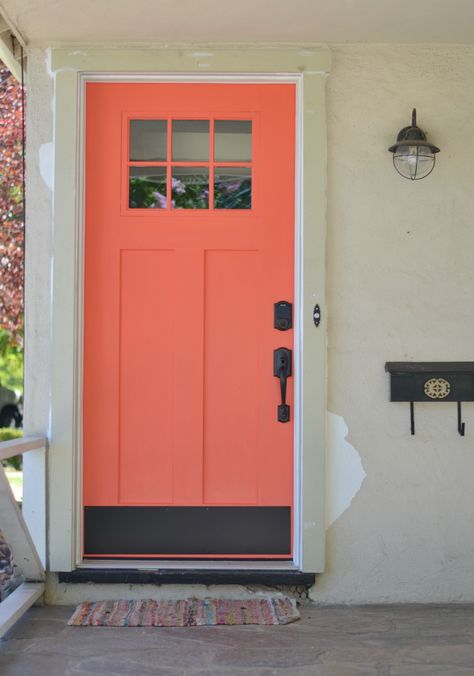 Cottage Style Front Doors, Coral Front Doors, Coral Door, Exterior Door Hardware, Exterior Entry Doors, Cottage Bungalow, Modern Exterior Doors, Bungalow Homes, Door Paint Colors