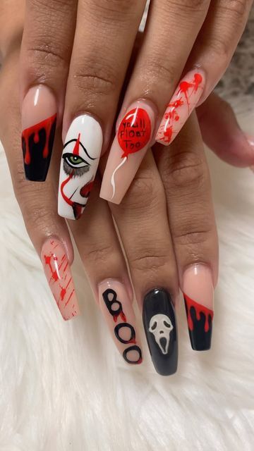 Scary Nails Horror Movies, Penny Wise Nails Acrylic, Horror Nails Almond, Spooky Halloween Nails Acrylic Long, Halloween Nails It Movie, It The Clown Nails, Halloween It Nails, Scary Nail Ideas, Chuckie Halloween Nails