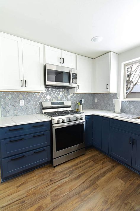 Small Blue Kitchen Ideas, Wall Colors With Blue Cabinets, Blue Kitchen Cabinets With Black Handles, Blue Cabinets Black Hardware, Navy Cabinets Black Sink, Navy Blue Kitchen Cabinets Silver Hardware, Navy Blue Handless Kitchen, Navy Blue Kitchen Cabinets Farmhouse, Small Navy Kitchen