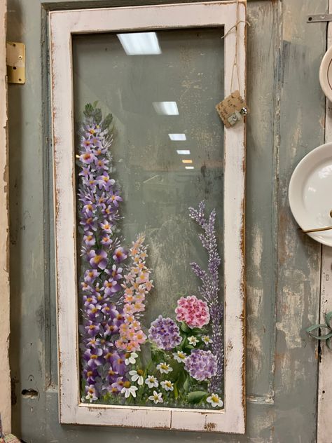 Painted Window Panes, Window Painting Ideas, Old Window Art, Hand Painted Windows, Faerie Aesthetic, Window Frame Picture, Painted Window Art, Painted Windows, Window Panes