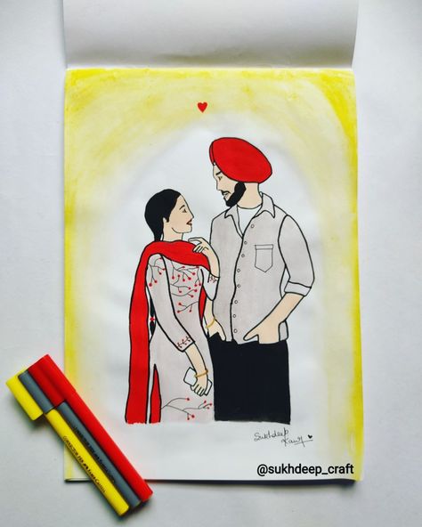 Punjabi couples Punjabi Drawing Ideas, Punjabi Front Page Design, Sardar Sardarni Couple Drawing, Punjabi Couple Drawing, Punjabi Drawing, Couple Easy Drawing, Sardar Sardarni Couple Cartoon, Couple Sketch Drawing, Boy And Girl Drawing