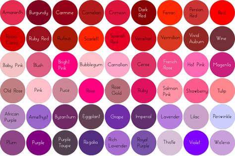 Shades of pink Purple Shades Chart, Color Palette Red Purple, Names Of Purple Shades, Red Violet Color Palette, Pink Purple Red Colour Palette, Purple Red Hair Color, Purple Color Names, Purple Red Hair, Red Violet Hair Color