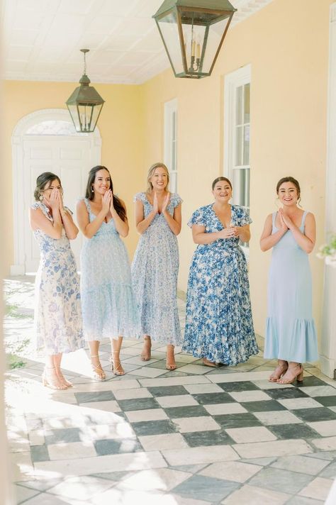 Mismatched Bridesmaid Dresses Blue, William Aiken House Wedding, Casual Bridesmaid, Light Blue Bridesmaid Dresses, Casual Bridesmaid Dresses, Light Blue Bridesmaid, Summer Bridesmaids, William Aiken House, Floral Bridesmaid Dresses