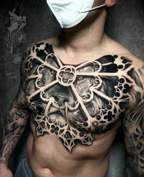 Chest Pattern Tattoo, Tato Geisha, Full Chest Tattoos, Chicanas Tattoo, Torso Tattoos, Clock Tattoo Design, Sick Tattoo, Scary Tattoos, Muster Tattoos