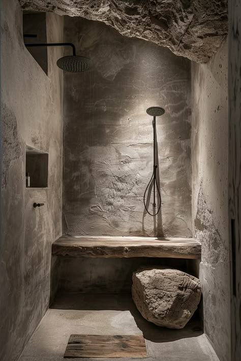 Create an airy feel in your small bathroom without a bathtub. Explore design ideas, smart storage solutions, and stylish decor. #AiryDesign #SmallBathroom Rock Shower Ideas, Stone Shower Floor, Tiled Bath, Japandi Modern, Rock Shower, Concrete Shower, Bathroom Concrete, Bathroom Wood Shelves, Man Cave Bathroom