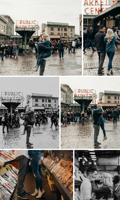 Couple explores Pike Place Market during their engagement photo session. Seattle Pike Place Market, Seattle Pike Place, Puyallup Fair, Pike Place Market Seattle, Gig Harbor, Pike Place Market, Pike Place, Beach Engagement, Big Hugs