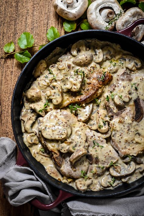 Pork Chops in Grainy Mustard and Mushroom Sauce - Pardon Your French Mushroom Sauce Recipe, Grainy Mustard, Mustard Recipe, Dream Food, French Recipes, Impressive Recipes, Canadian Food, Mushroom Sauce, French Cooking