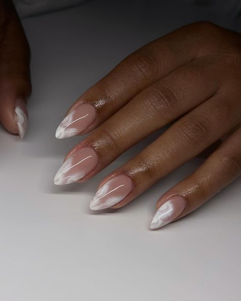 🤍 #dovenailsbysharon #marblenails #gelx White Nail Designs Almond, Almond Nails With Design, Classy Almond Nails Short, White Nail Inspiration, Feminine Fatale, Vibe Nails, Classy Almond Nails, Engagement Nails, Nail Collection