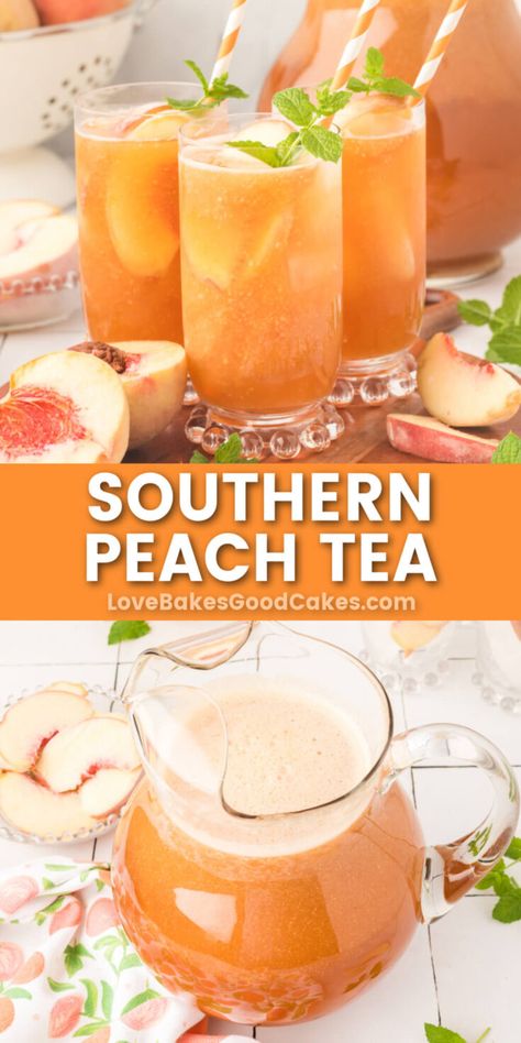 Fresh Peach Drinks Non Alcoholic, Drinks For Potluck Parties, Sweet Peach Tea, Ice Tea Peach, Peach Sweet Tea, Flavored Iced Tea Recipes, Peach Tea Recipe, Yum Drinks, Peach Water