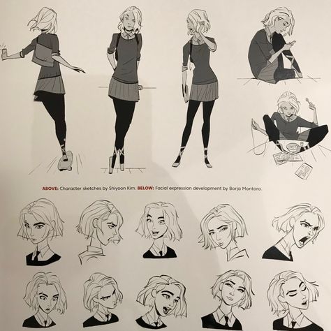 Spiderverse Gwen Stacy, Shiyoon Kim, Spiderman Into The Spiderverse, Into The Spiderverse, Expression Sheet, Gwen Stacy, Concept Art Character, Animation Reference, Concept Art Drawing