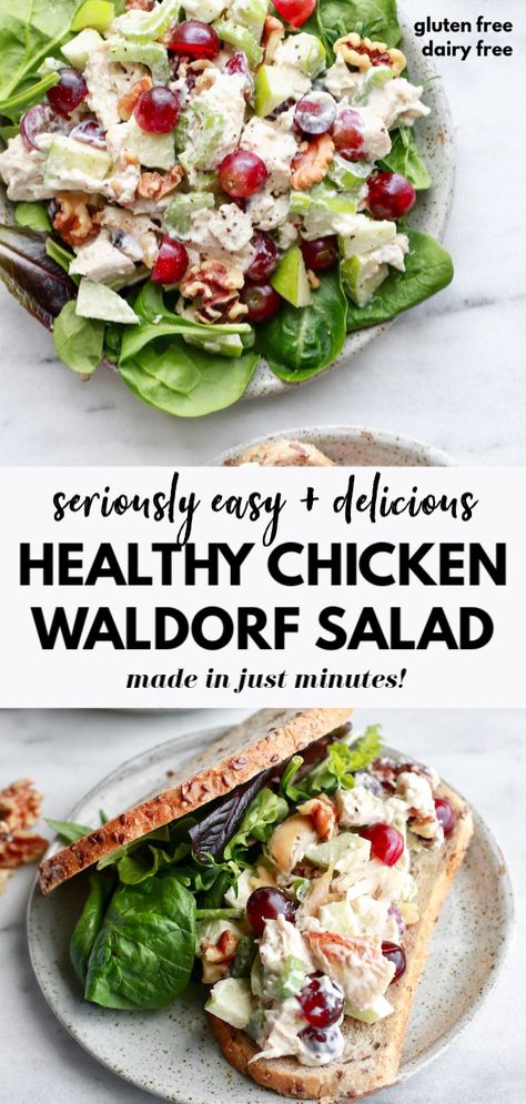 Waldorf salad recipe healthy - Try this delicious and easy healthy chicken salad recipe that is a healthier, gluten free take on a chicken Waldorf salad with grapes, crunchy celery and a healthier dressing with yogurt (dairy free) and mayonnaise. Have a salad for the keto version or enjoy it as a chicken salad sandwich. You decide! Healthy Chicken Salad Sandwich, Waldorf Salad Recipe, Healthy Chicken Salad Recipe, Pain Sans Gluten, Waldorf Salad, Healthy Chicken Salad, Chicken Salad Recipe, Easy Salad, Chicken Salad Sandwich