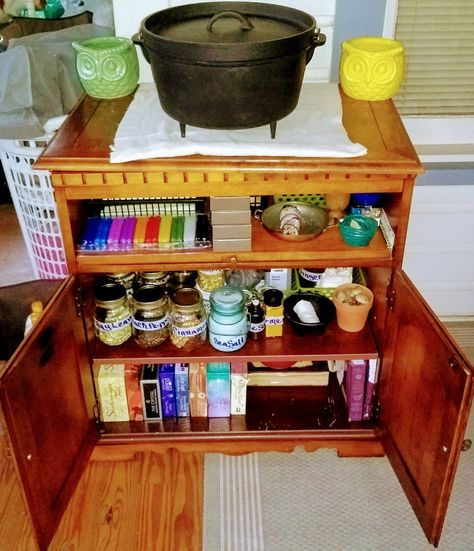 Witchy Cabinet Witches Cabinet Ideas, Witch Cabinet Ideas, Witches Cabinet, Witch Cabinets, Witchy Cabinet, Earth Witch Aesthetic Bedroom, Witch Cabinet, Altar Cabinet, Witch Altar Cabinet