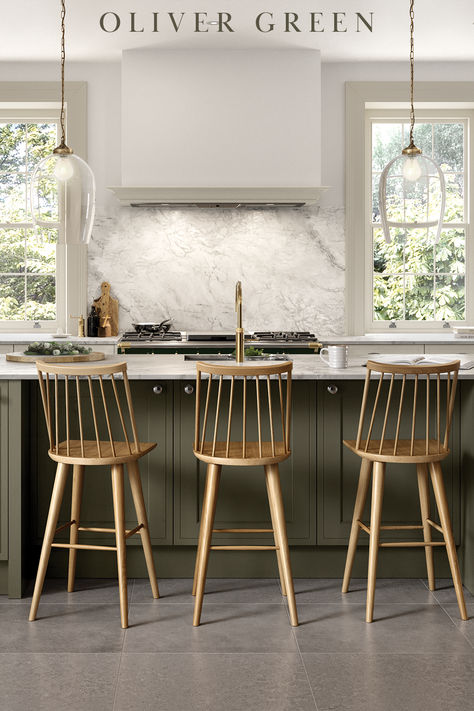 Traditional shaker-style kitchen painted taupe grey and willow. Green And Grey Kitchen, Contrasting Kitchen, Kitchen Examples, Olive Green Kitchen, Green Kitchen Island, Shaker Style Kitchen, Window Seating, Oak Chopping Board, Paint Shakers