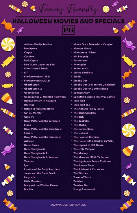 Family Friendly Halloween Movies & Specials - Rated PG. Compiled by Melissa of Whole Heartily. Netflix Halloween Movies, Family Halloween Movie List, Halloween Movies List Horror Films, 31 Days Of Halloween Movies Family, Halloween Movies For Everyday Of October, Movie Night List, Family Halloween Movies, Halloween Movies List Disney Plus, Kid Friendly Halloween Movies