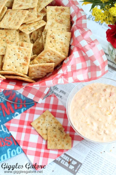 Cajun crackers with crawfish dip Cajun Crackers, Seafood Boil Party Decorations, Crawfish Dip, Shrimp Boil Party, Low Country Boil Party, Party Appetizer Dips, Crawfish Party, Seafood Boil Party, Crawfish Boil Party