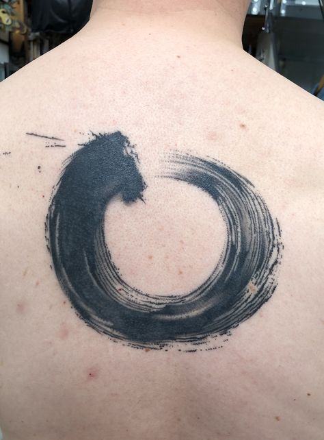 Ensō tattoo by Lee Stewart #abstract #brushwork Brushwork Tattoo, Tattoo Stripes, Abstract Back Tattoo, Mind Tattoo Ideas, Mind Tattoo, Back Tattoo Designs, Backpiece Tattoo, Polka Tattoo, Brush Tattoo