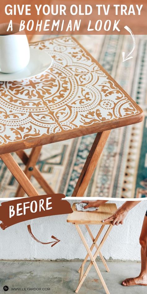 Give your table top and update! Here's how I transformed my little tv tray int a beautiful bohemian table. Tv Tray Makeover, Wooden Tv Trays, Tv Tray Table, Human Psychology, Bohemian Table, Tv Tray, Astuces Diy, Tv Trays, Work Diy