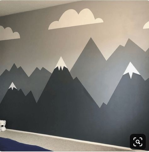 diy-tutorial-how-to-paint-a-mountain-murial-in your-kids-room-nursery-10 Kids Room Wall Paint, Shades Of Gray Paint, Diy Mountain Mural, Mountain Wall Painting, Diy Mountain, Different Shades Of Gray, Boy Room Paint, Mountain Wall Mural, Mountain Mural