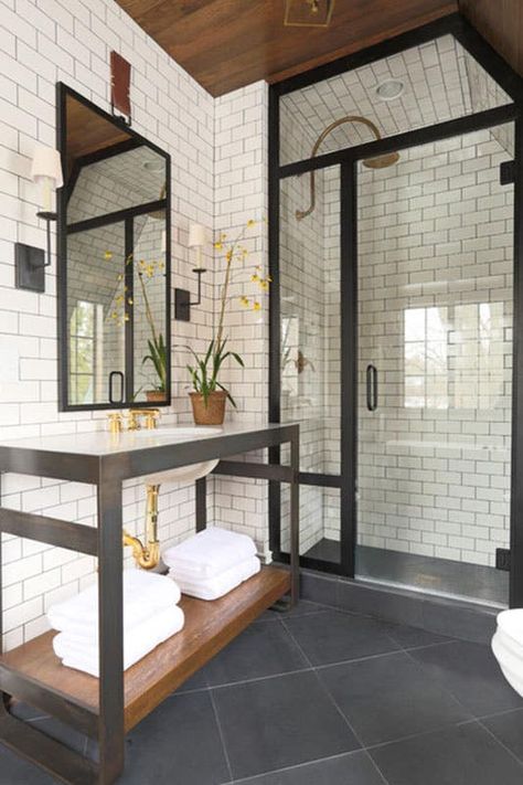 modern bathroom with white subway tile backsplash, black framed shower, grey floor tile Slate Bathroom Floor, Cowboy Cottage, Black Tile Bathroom Floor, Slate Bathroom Tile, Black Bathroom Floor, Slate Bathroom, Black Tile Bathrooms, Cottage Remodel, Cottage Bathroom