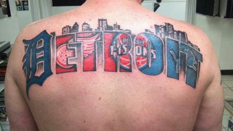 Detroit sports upper back tattoo Skin Tear Tattoo, Lions Tattoo, Detroit Tattoo, Michigan Tattoos, Sport Tattoos, Tattoos Pictures, Upper Back Tattoos, Detroit Sports, Lion Tattoo Design