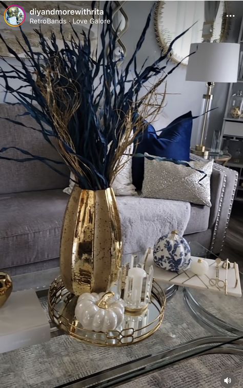 Blue Brown And Gold Living Room, Tan And Gold Living Room, Grey Gold Living Room Ideas, Blue Grey Gold Living Room, Grey Gold Living Room, Gold Living Room Ideas, Blue And Gold Living Room, Gold Living Room Decor, Blue Gray Gold