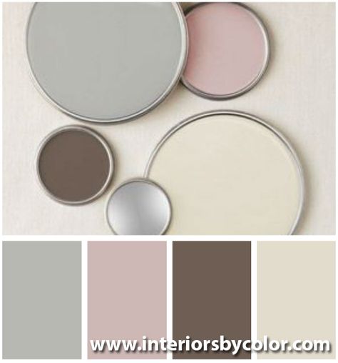 Paint Colors That Go With Pink, Gray Paint With Pink Undertones, Home Office Pink And Gray, Pink Gray Brown Color Palette, Agreeable Gray And Pink, Gray Cream Color Palette, Pink And Brown Home Decor, Pink And Gray Office, Pink And Gray Bathroom Ideas