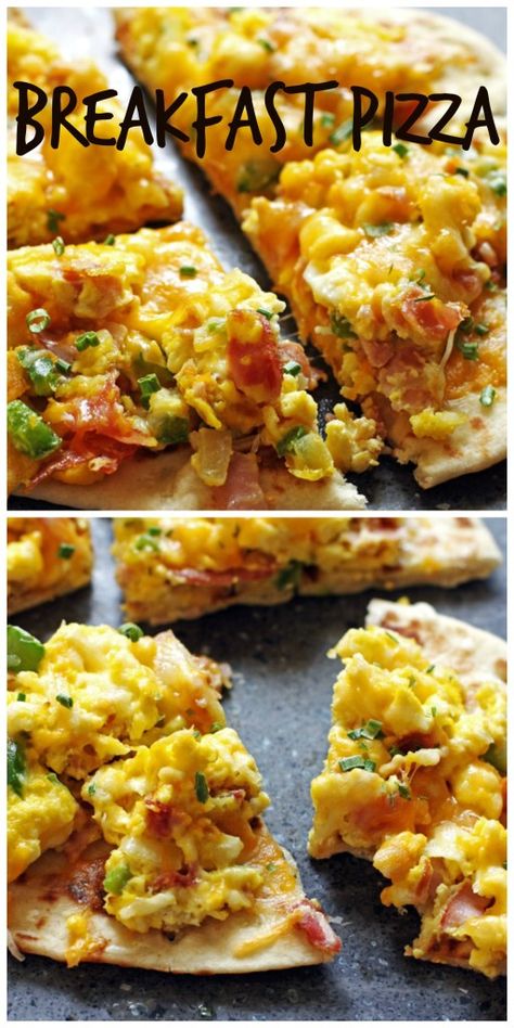 Breakfast Pizza ~ Flat bread covered with scrambled eggs, ham, peppers and onion.  Topped with cheese.  Perfect weekend breakfast or brunch recipe!